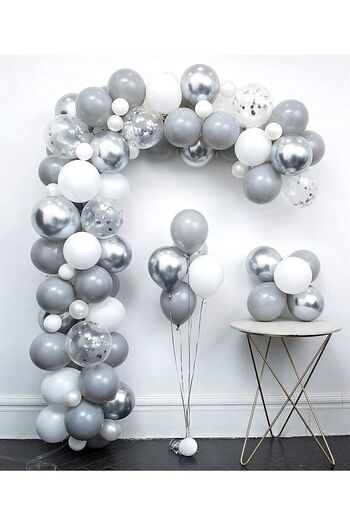 HKNYS 75 Pieces Gray White Transparent Silver Confetti Chrome Balloon Set Balloon Chain