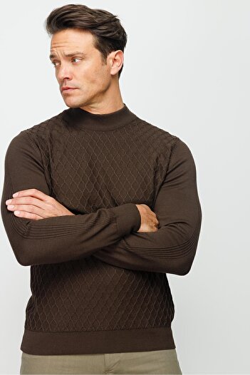 Desen Triko Men's Half Turtleneck Honeycomb Pattern Sweater Brown