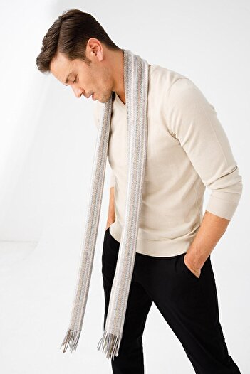 Desen Triko Men's Striped Wool Scarf V.beige