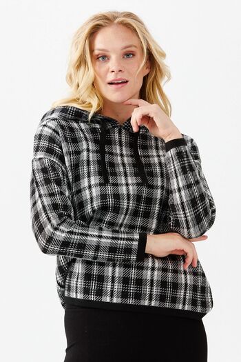 Desen Triko Women's Hooded Checkered Short Sweater Black