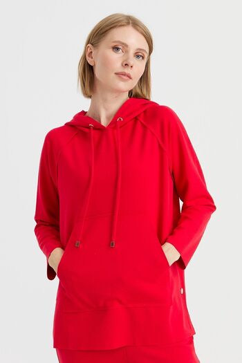 Desen Triko Women's Hooded Sweat with Side Snap Pockets Red