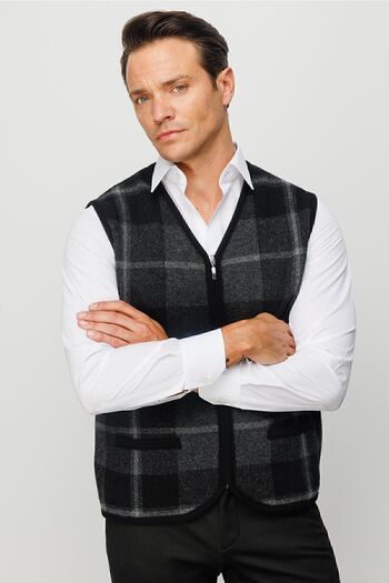 Desen Triko Men's V-Neck Front Checked Vest Black