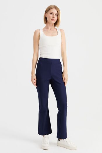 Desen Triko Women's Elastic Waist Flared Leg Tights Trousers Navy Blue