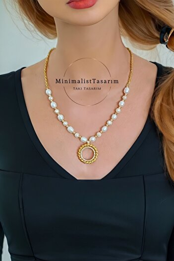 MinimalistTasarım Ceyrekli Kolye, Incili Altın Kolye, Altin Kolye Cerceveli, Gercek Inci Set, Gercek Inci Kolye