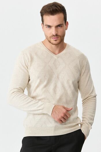 Desen Triko Men's V-Neck Diamond Patterned Wool Sweater V.beige