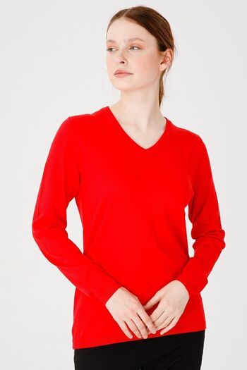 Desen Triko Women's Lycra Long Sleeve Basic V-Neck Blouse Coral