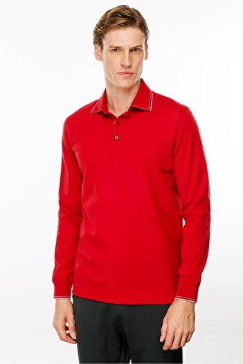 Desen Triko Men's Red Polo Collar Long Sleeve Sweatshirt