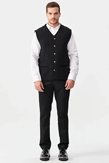 Desen Triko Men's V-neck Pique Woven Wool Vest with Felt Accessories Black