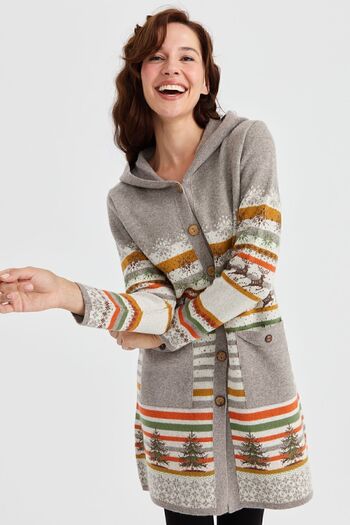 Desen Triko Women's Hooded Snow and Deer Pattern Long Wool Cardigan Bone