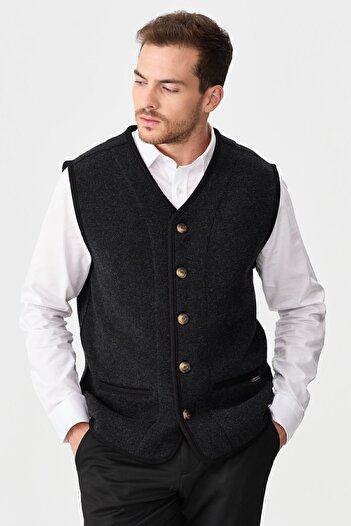 Desen Triko Men's V-neck Pique Woven Wool Vest with Felt Accessories Black