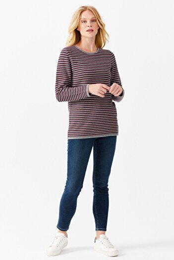 Desen Triko Women's Crew Neck Colorful Striped One Side Slit Buttoned Blouse Gray