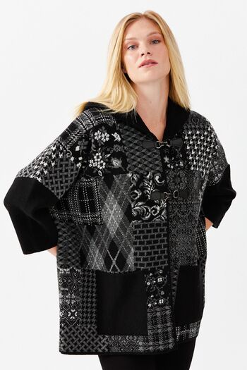 Desen Triko Women's Hooded Patchwork Houndstooth Patterned Tri-Color Poncho Black