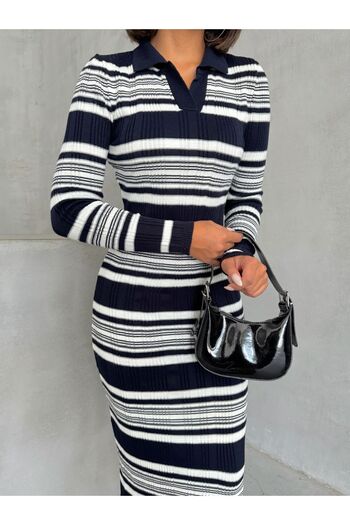 Lusin Γυναικείο πλεκτό φόρεμα Navy Blue ριγέ Polo λαιμόκοψη - Μακρυμάνικο