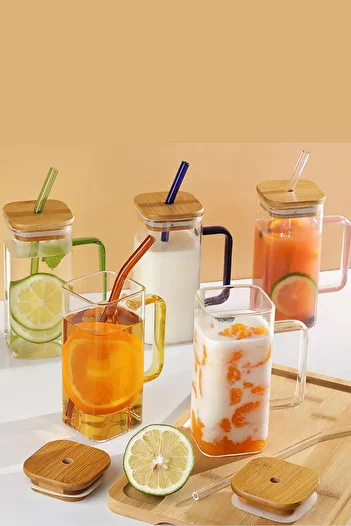 GİLLİ STORE 350ml Colorful Borosilicate Straw Bamboo Lid Coffee Presentation Heat Resistant Glass Cup