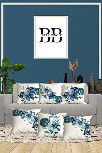 Belle Benoit Set de 6 design albastru și alb cu imprimeu dublu față, decorativ, husă de pernă pentru canapea, husă de pernă