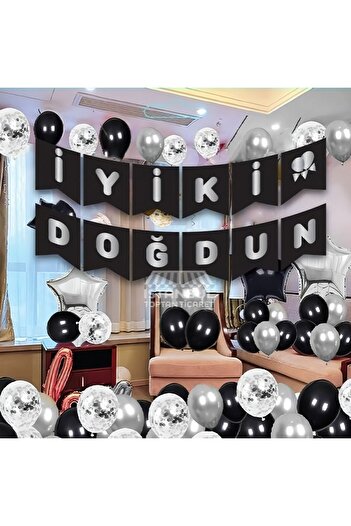 HKNYS Shiny Gilded Banner Happy Birthday Black Silver