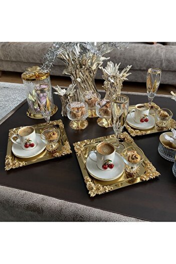 atabey home collection 6'lı Kahve & Çay & Sunum Tepsisi Metal Döküm Gold Tepsi Gül Model