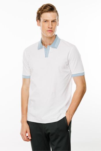 Desen Triko White Men's T-Shirt - Polo Neck, Striped Sleeve and Collar