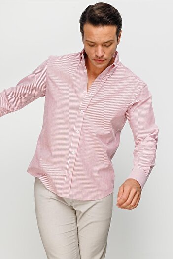 Desen Triko Men's Button Collar 100% Cotton Longitudinal Stripe Patterned Regular Mid-Cut Shirt Red
