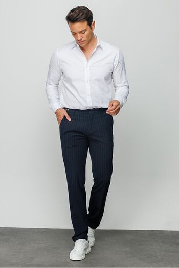 Desen Triko Men's Elastic Waist White Striped Cotton Trousers Navy Blue