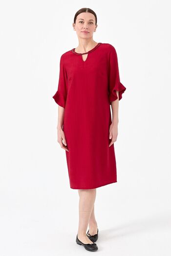 Desen Triko Women's Collar Chain Accessory Linen Dress Red