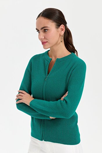 Desen Triko Women's Wool Cardigan - Zero Collar, Seamless and Zippered B.c. Head
