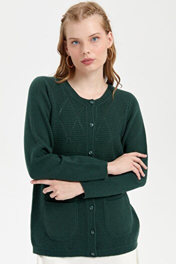 Desen Triko Green Women's Wool Cardigan - Zero Collar, Diamond Seamless Knitting on the Front