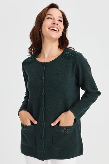 Desen Triko Women's Crew Neck Shoulder And Pocket Felt Embroidered Wool Cardigan Green
