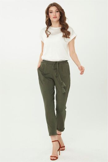 Desen Triko Khaki Women's Combed Cotton Trousers - Carrot Leg