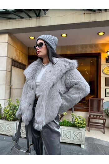 ESRAHELVACI Premium Gray Double Breasted Fur Coat