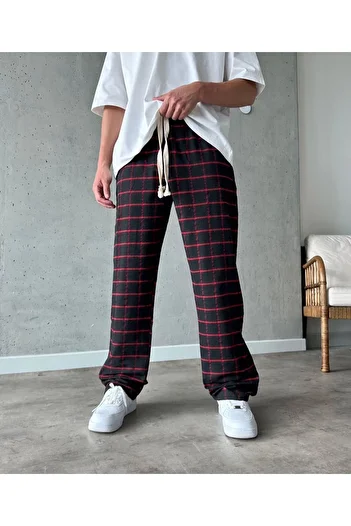 RE7EDİ Black Red Striped Unisex Plaid Patterned Pajama Bottoms