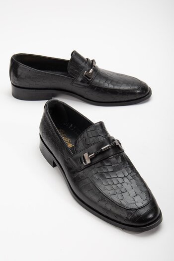 Dilimler Ayakkabı Black Men's Classic Shoes - Genuine Leather, Neolit Micrlight, Jurdan Crocodile Print and Buckle