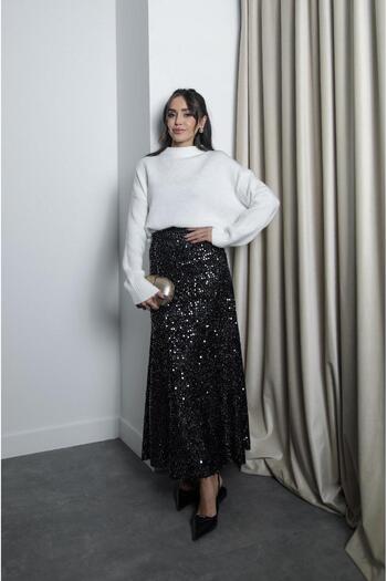 Havoş Black Silver Sequined Bell Skirt