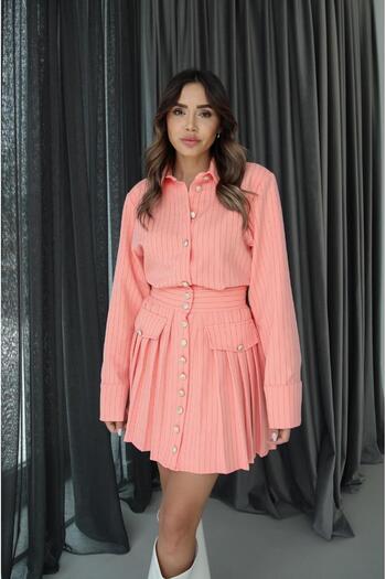 Havoş Pink Striped Button Detailed Dress