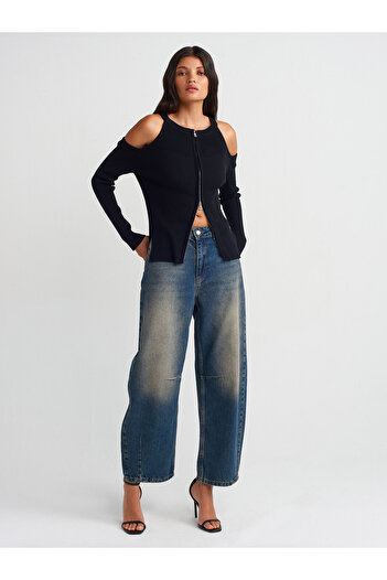 Dilvin 71718 Pantaloni din denim cu tăietură cu balon cu detalii cu cleme - Albastru închis