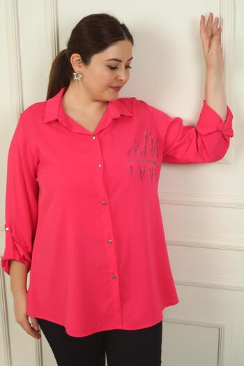 By Saygı Stone Detailed Crepe Satin Large Size Women's Shirt - Sleeve Folded