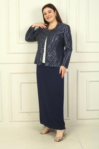 By Saygı Plus Size Women's - Half Moon Sleeve Sequin Jacket, Lined Crepe Blouse and Long Skirt 3-piece Set