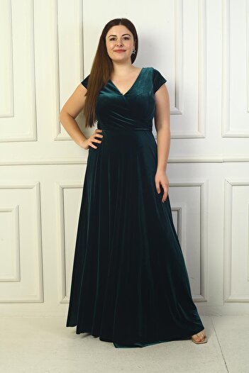 By Saygı V-Neck Gathered Side Detail - Large Size Velvet Dress with Half Moon Sleeves