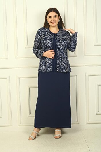 By Saygı Bead Embroidered Long Dress and Bead Sequin Embroidered Jacket - Plus Size 2-piece Set