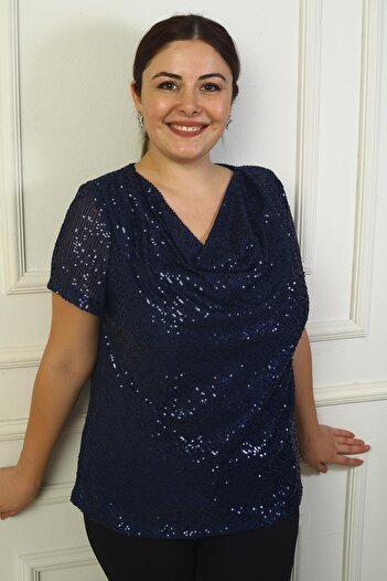 By Saygı Plus Size Sequin Blouse - Degaje Collar and Lined