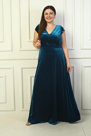 By Saygı V-Neck Gathered Side Detail - Large Size Velvet Dress with Half Moon Sleeves