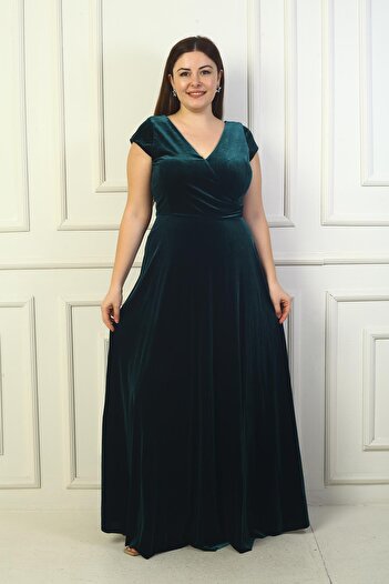 By Saygı V-Neck Gathered Side Detail - Large Size Velvet Dress with Half Moon Sleeves