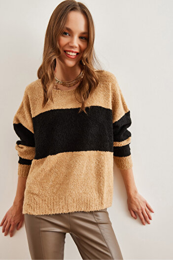 Olalook Camel Colored Soft Knitwear Sweater - Kzk with Thick Stripe Detail 19000823