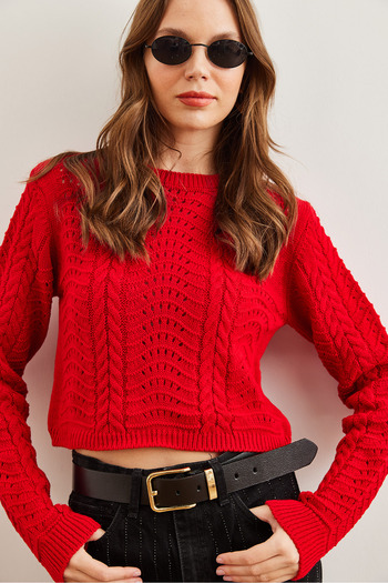 Olalook Red Crop Knit Sweater - Wave Knitted, Kzk- 19000822