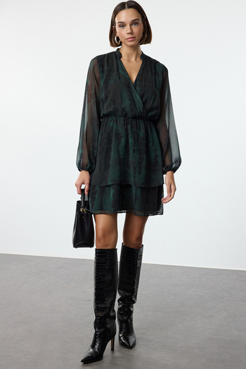 Trendyol Collection Green Abstract Print Double Breasted Mini Chiffon Dress - Lined, Skater Collar Twoaw25el00255