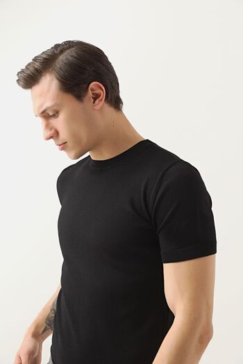 Twn Slim Fit Μαύρο Πλεκτό Μπλουζάκι από Ρεγιόν