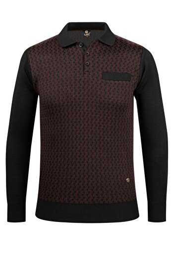 Çizgi Triko Men's Polo Collar Striped Knitwear Sweater - Patterned Sleeves and Waist Elastics, Steel Knit Classic Fit - 5006F