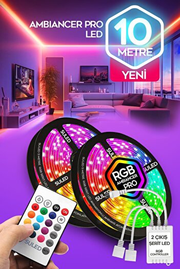 SULED 10 Metre Şerit Led 16 Mod Ambiyans Ortam Işığı Tak Çalıştır Kumandalı Trafolu Rgb Şerit Işık