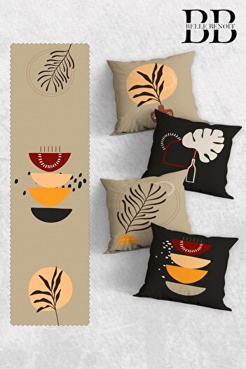 Belle Benoit Anthracite Beige Double Sided Printed 4-Piece Pillowcase, Throw Pillow Cover and American Service Runner Set