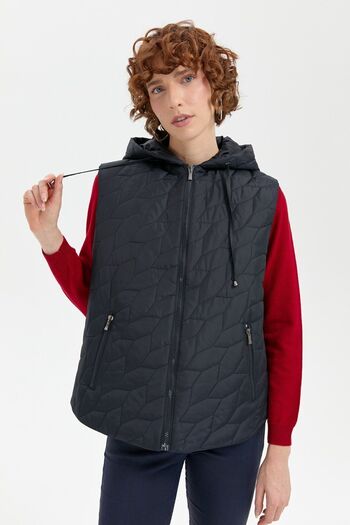 Desen Triko Navy Blue Leaf Patterned Women's Quilted Vest - Short Cut
